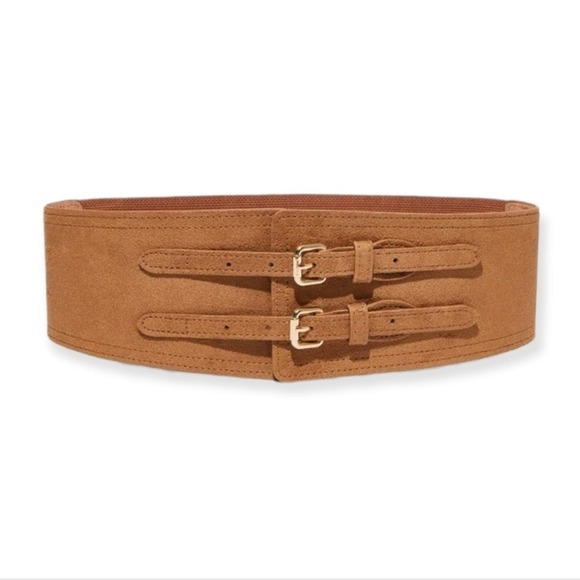 Western Wide faux suede leather waist belt double buckle Boho Brown corset - Picture 5 of 11